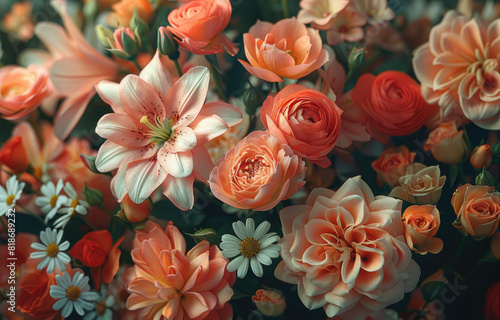 A bouquet of roses and gerberas in a peach fuzz color, with some daisies scattered around them. Created with Ai
