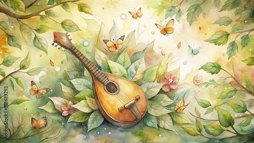 A whimsical watercolor illustration featuring a mandolin nestled among lush foliage, with playful butterflies fluttering around under a canopy of dappled sunlight photo