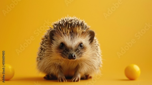 Small hedgehog on yellow background photo