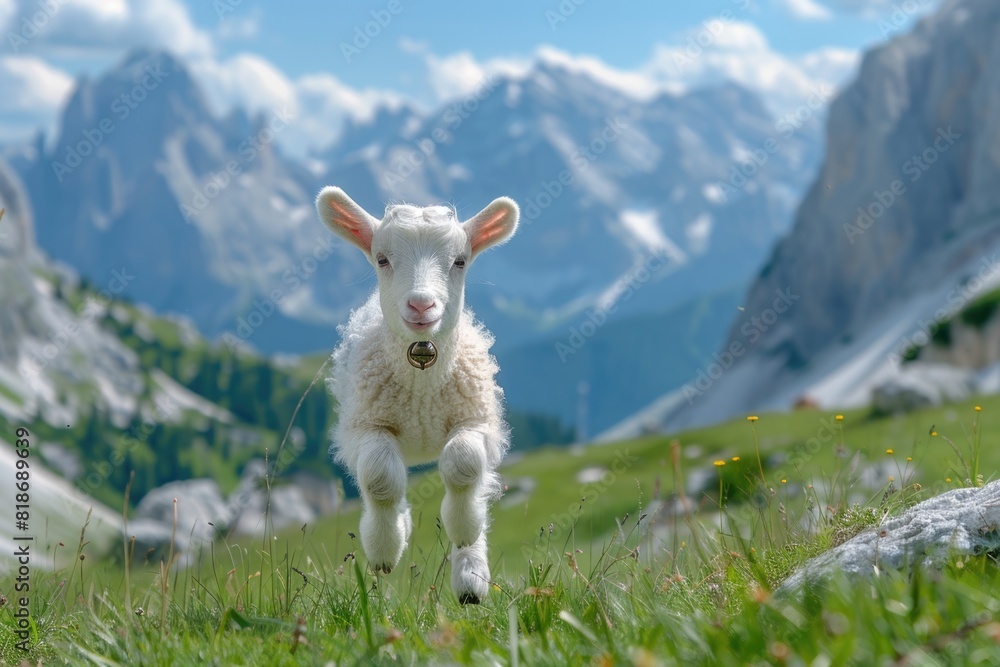 Baby goat running in grass with mountains in background Baby goat running in grass with mountains in background