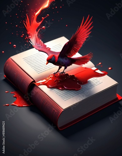 A detailed dramatic illustration of the book  , with red color dark magic splash, dark ghotic photo