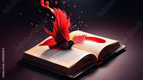 A detailed dramatic illustration of the book  , with red color dark magic splash, dark ghotic photo