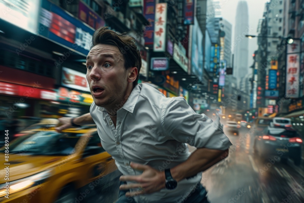 Obraz premium A man with a shocked expression urgently flees through a crowded urban street, neon signs illuminating the evening rain.