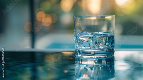 a glass of water with ice cubes on a table