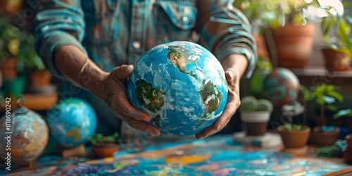 Hands Holding Earth Globe Promoting Environmental Sustainability and Community Art Initiative photo