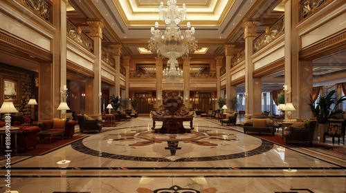 High-res image of elegant hotel lobby with chandelier, marble floor, and luxury furniture.
