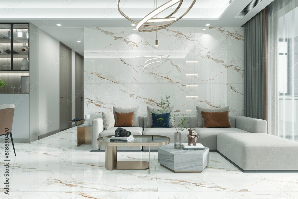 Modern living room with mezzanine image, beige marble floor decorate ...