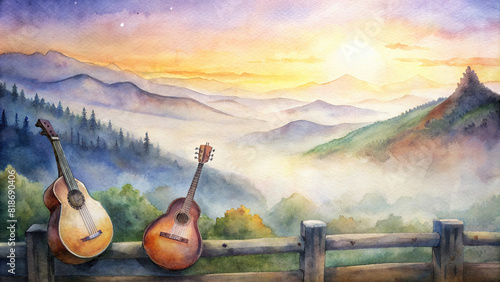 A serene watercolor painting portraying a mandolin and banjo hanging on a rustic wooden fence, overlooking a misty mountain valley at dawn photo