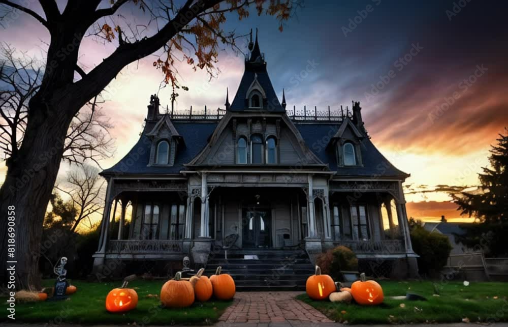 A haunted mansion with glowing jack-o'-lanterns in the foreground, set against a dark, eerie forest. The ominous atmosphere and gothic architecture create the perfect spooky Halloween night. A haunted mansion with glowing jack-o'-lanterns in the foreground, set against a dark, eerie forest. The ominous atmosphere and gothic architecture create the perfect spooky Halloween night.