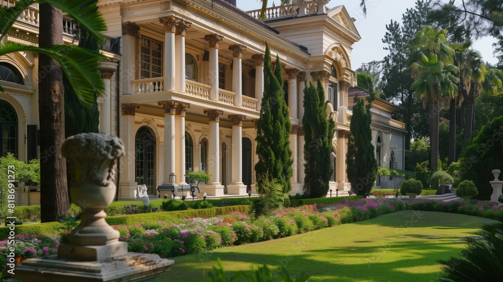 Fototapeta premium Grand mansion with columns, stonework, and gardens embodies luxury.