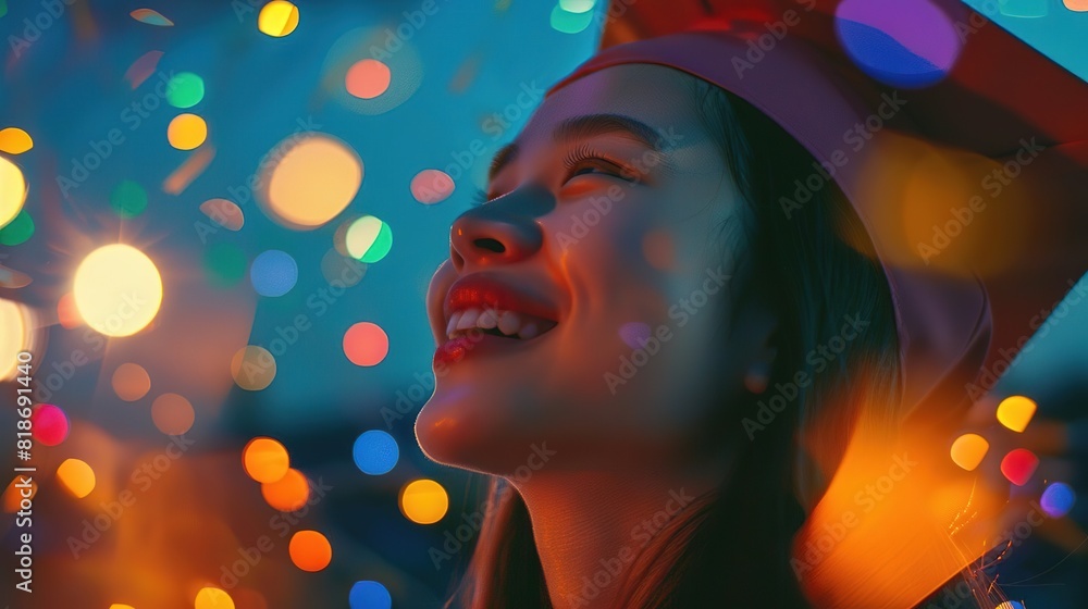 Graduation joy, clear background, wide frame, evening festive illumination isolated on soft plain pastel solid background Graduation joy, clear background, wide frame, evening festive illumination isolated on soft plain pastel solid background