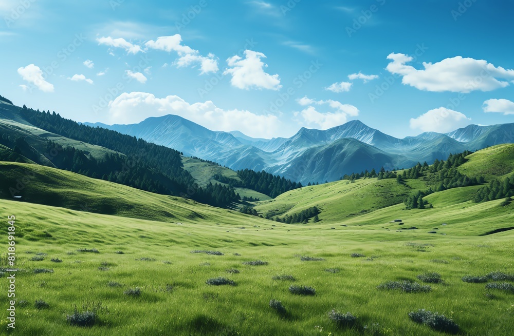 Green grassy hills with blue sky and mountains landscape background Green grassy hills with blue sky and mountains landscape background