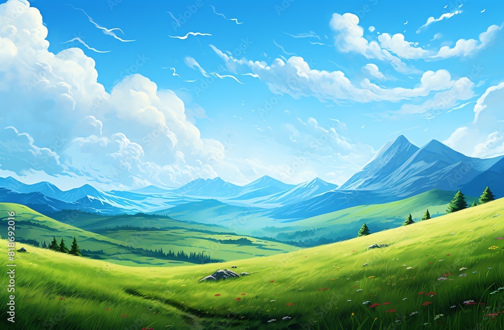 Green grassy hills with blue sky and mountains landscape background Green grassy hills with blue sky and mountains landscape background