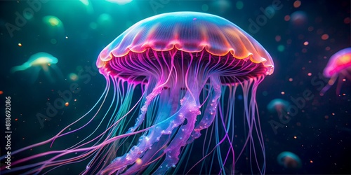 Illustration, desktop wallpaper. Neon jellyfish macro in the ocean at depth, everything is shining. shining transparent jellyfish, underwater world © Anelya