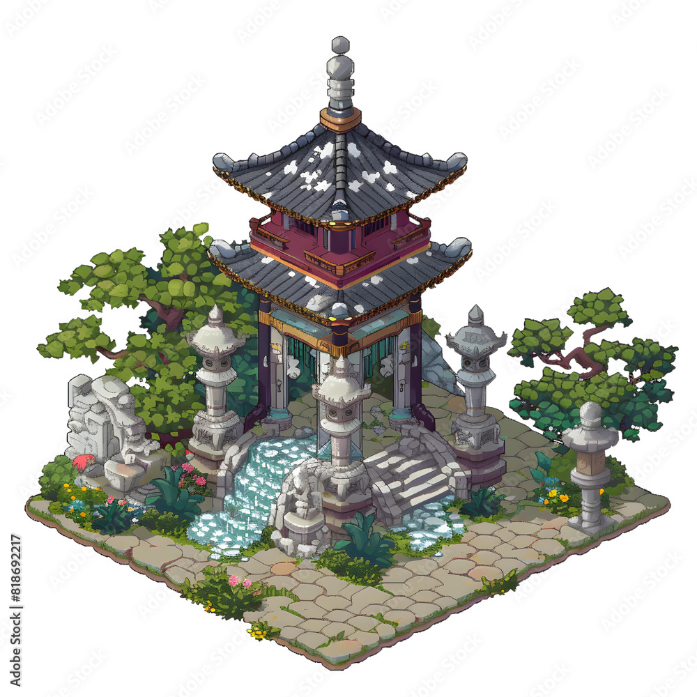Isometric clean pixel art a Japanese Garden Pavilion With Stone ...