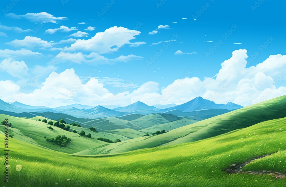 Green grassy hills with blue sky and mountains landscape background Green grassy hills with blue sky and mountains landscape background
