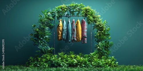 concept a futuristic rack with many leather clothing rack with a sleek hanging on it, glowing led lights around the stand and a background of a dark green forest, cinematic lighting, rendered in a hy