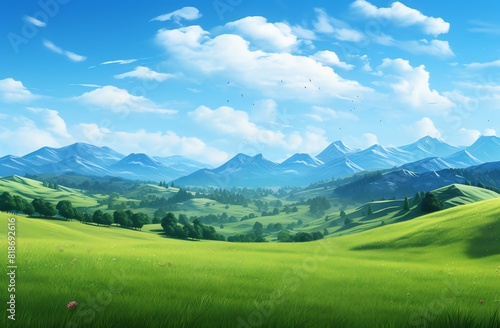 Green grassy hills with blue sky and mountains landscape background