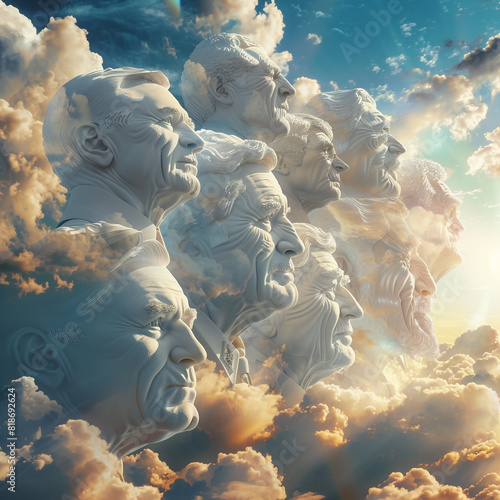Surreal 3D scene of a Veterans Day sky with cloud faces of famous military leaders. photo