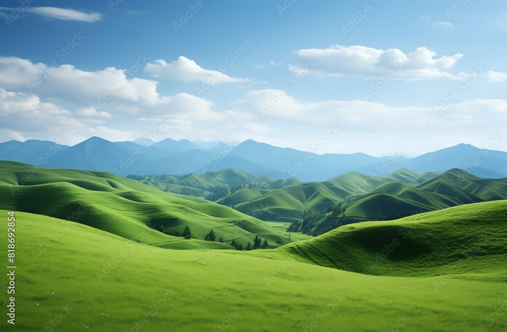 Fototapeta premium Green grassy hills with blue sky and mountains landscape background