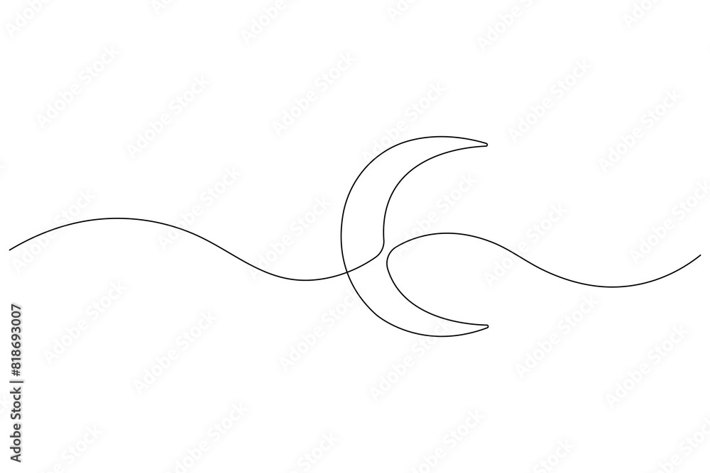 Fototapeta premium Moon symbol one continuous single line art drawing of Ramadan Kareem and Eid banner in simple outline vector