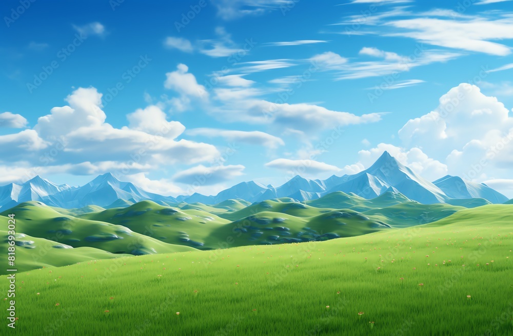Green grassy hills with blue sky and mountains landscape background Green grassy hills with blue sky and mountains landscape background