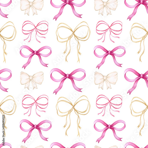 Watercolor seamless pattern with bows. Girly holiday print with white and pink ribbon bows. Cute design and decoration of wrapping paper, textile, packaging, wallpaper, background.