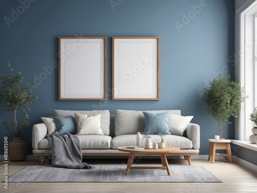 blank poster frame  cozy farmhouse living room interior  Muted Blue wall background
