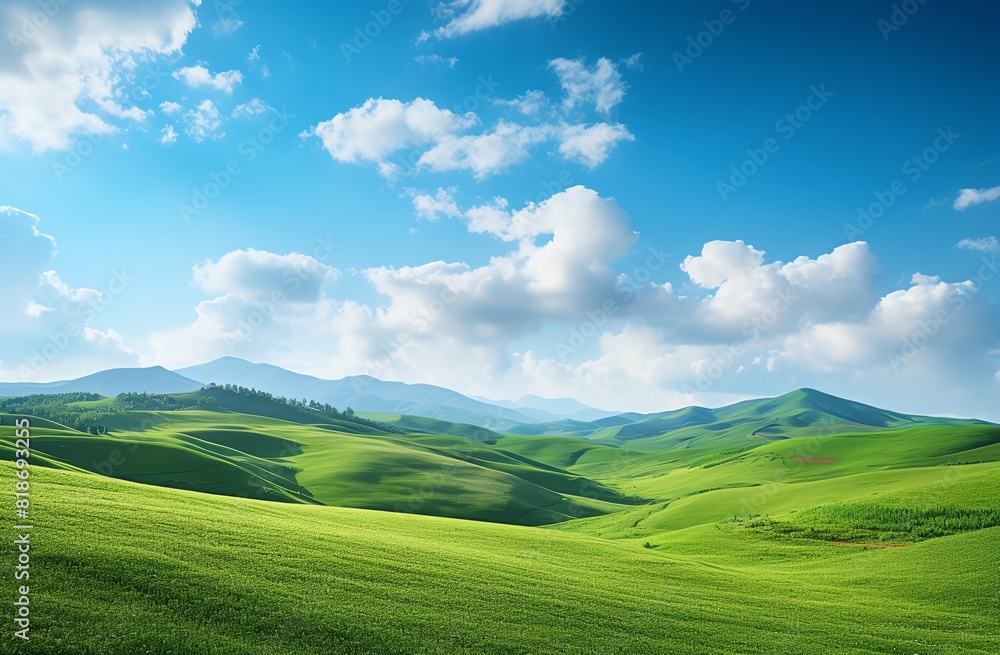 Green grassy hills with blue sky and mountains landscape background Green grassy hills with blue sky and mountains landscape background