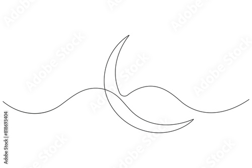 Moon symbol one continuous single line art drawing of Ramadan Kareem and Eid banner in simple outline vector