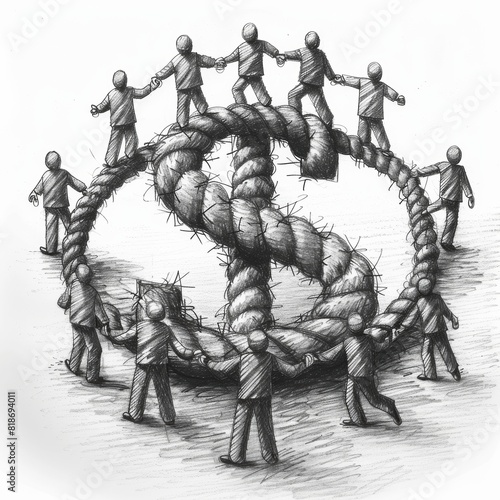 Black and white pencil drawing of people holding ropes around the dollar sign, in the style of clip art. 