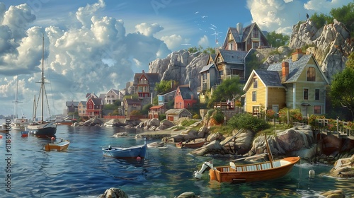 Quaint seaside village nestled along a rocky coast, with colorful fishing boats dotting the harbor. photo