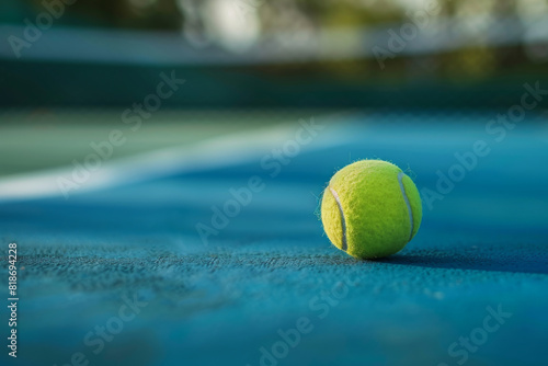 A tennis ball is sitting on a blue court. The ball is green and has a fuzzy texture © Image-Love