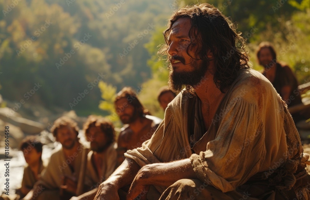 Jesus speaking to his disciples, in the realistic style of biblical narrative. in the film The Newberg Glude Jesus speaking to his disciples, in the realistic style of biblical narrative. in the film The Newberg Glude