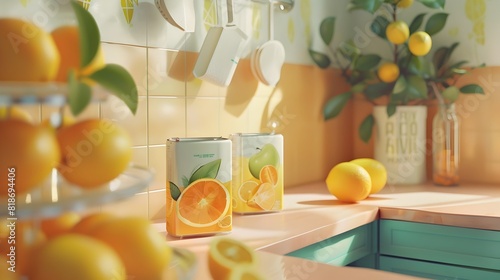 sunlit kitchen scene with a focus on lemons. There are fresh lemons in the foreground, some whole and one cut in half, resting on a countertop beside a glass bowl filled with more lemons