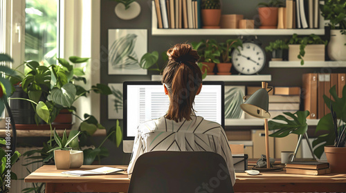 A serene depiction of remote work unfolds as a female employee engages in a video conference with colleagues from the comfort of her home office. The cozy, minimal color palette enhances the sense of