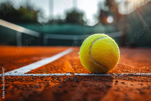 A tennis ball is sitting on a tennis court