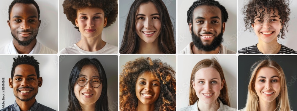 A grid of portraits showing people from different ethnicities and ages, smiling at the camera against a white background. The images should be arranged in rows with no overlapping faces to create A grid of portraits showing people from different ethnicities and ages, smiling at the camera against a white background. The images should be arranged in rows with no overlapping faces to create