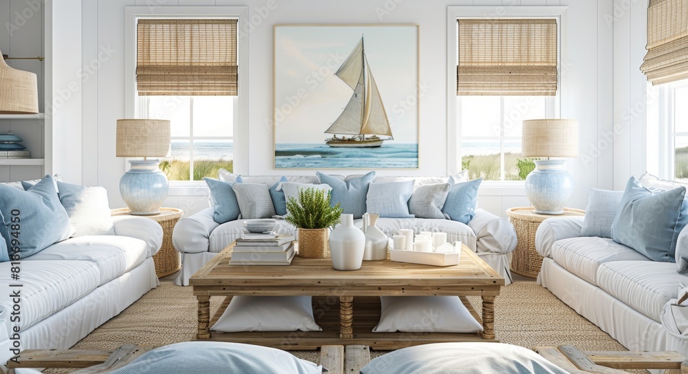 Sunny coastal living room with light blue accents, white walls and windows showcasing the beach view, elegant wooden coffee table surrounded by comfortable sofas, soft pillows creating
