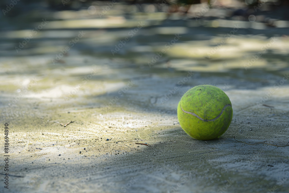 A tennis ball is sitting on a dirt court. The ball is green and has a white stripe