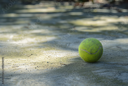 A tennis ball is sitting on a dirt court. The ball is green and has a white stripe