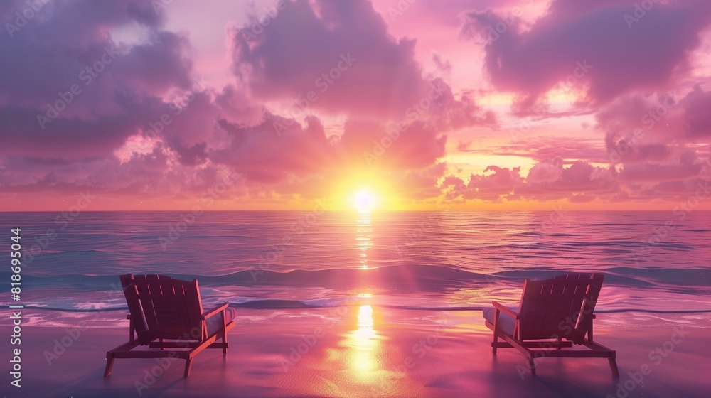 Sunset at the beach: Serene glow over the sea, sun dips, two chairs for contemplation. Sunset at the beach: Serene glow over the sea, sun dips, two chairs for contemplation.