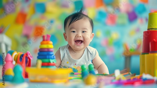 Generate an image of a happy baby playing with colorful toys. The baby should be between 6-12 months old. The image should be well-lit and have a soft, dreamy focus.