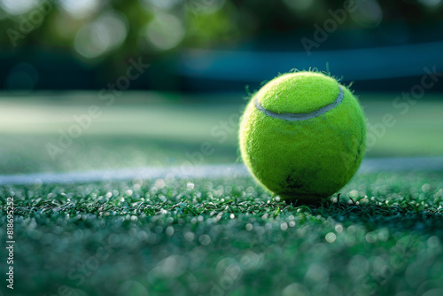 A tennis ball is sitting on a green grass field. The ball is the only object in the image photo