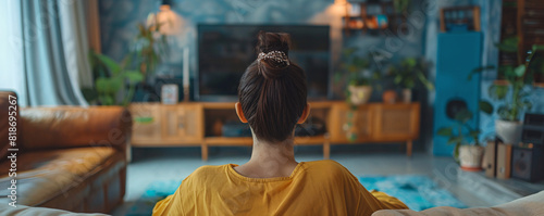 Against a backdrop of warm  muted tones  a female employee is captured from behind as she participates in a video conference with coworkers  highlighting the convenience and flexibility of remote