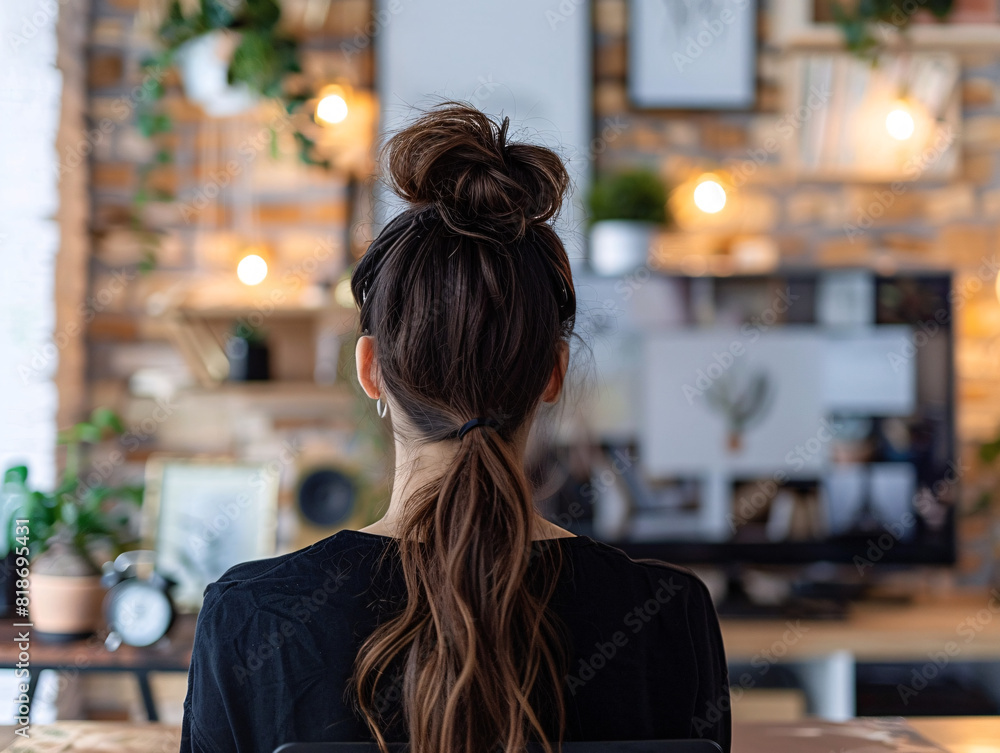 Amidst a tranquil home setting, a female employee is captured from behind while engaged in a video call with coworkers, showcasing the seamless integration of technology in remote work arrangements.