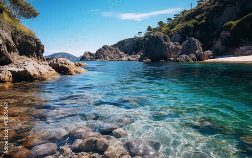 Pristine turquoise sea with rocky coastline under clear blue skies, perfect for beach vacations and summer getaways.