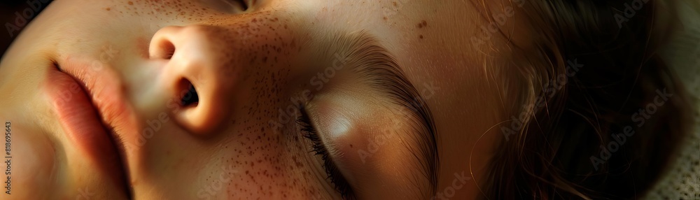 Naklejka premium Close-up of a child's face with freckles, peacefully sleeping with eyes closed, showcasing serene and calm expression.