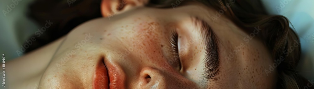Fototapeta premium Close-up of a serene person sleeping peacefully with a soft expression, highlighting the tranquility and calmness of restful sleep.