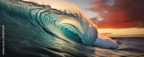 Stunning ocean wave crashing against a vibrant sunset sky, showcasing nature's beauty and power in a captivating seascape. photo